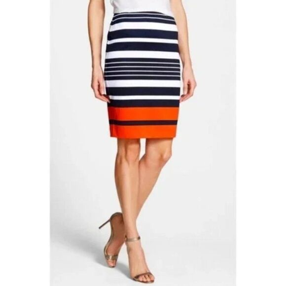 Michael Kors Navy White and Melon Striped Pencil Skirt 14 - Picture 1 of 5
